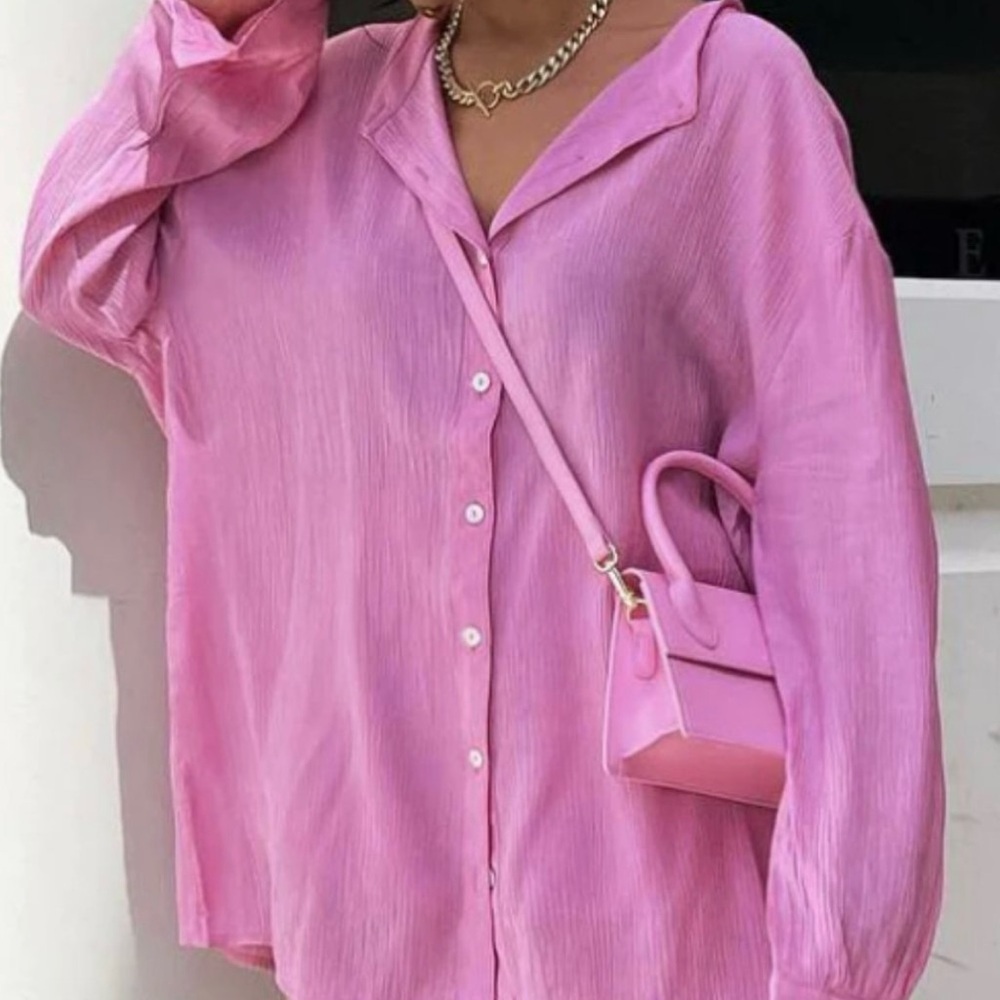 White Fox Womens Take Me Out Oversized Button Down Shirt Crinkle Pink Sz S/M